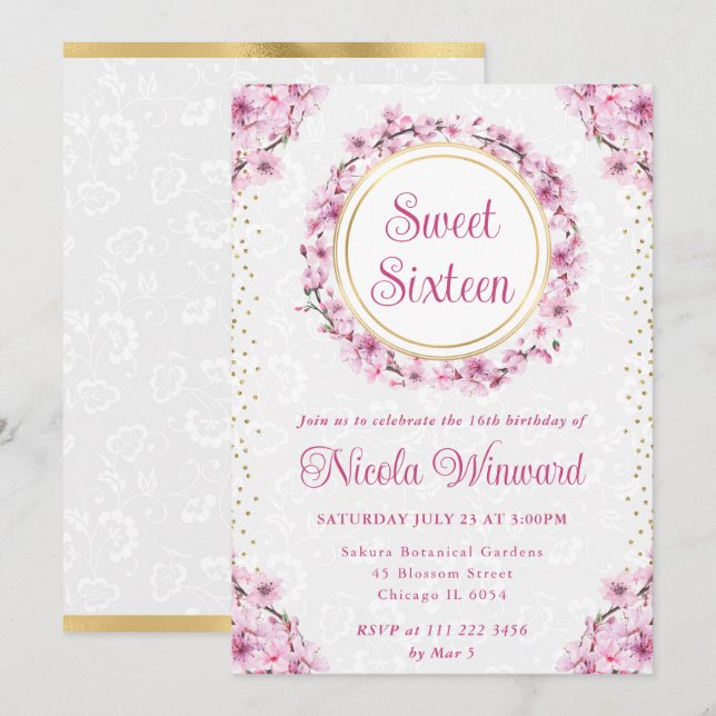 Invitation Aquarelle Fleurs de cerisier Wreath Sweet 16 (Devant / Derrière)