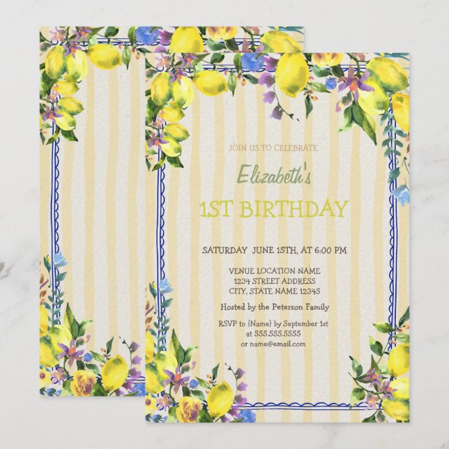 Invitation Aquarelle Fleurs de citrons Jaune Frappes Annivers (Devant / Derrière)