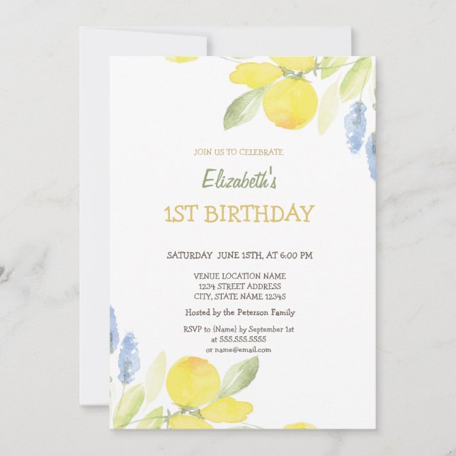 Invitation Aquarelle Fleurs de citrons jaunes Anniversaire (Devant)