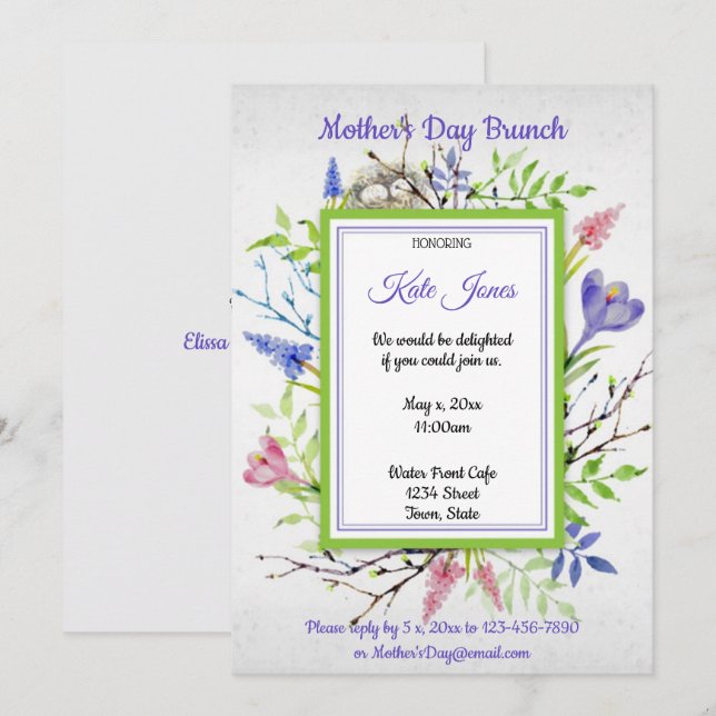Invitation Aquarelle, Fleurs de printemps, Brunch Fête des Mè (Devant / Derrière)