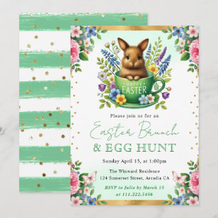 Invitation Aquarelle Fleurs de printemps de lapin Brunch de P