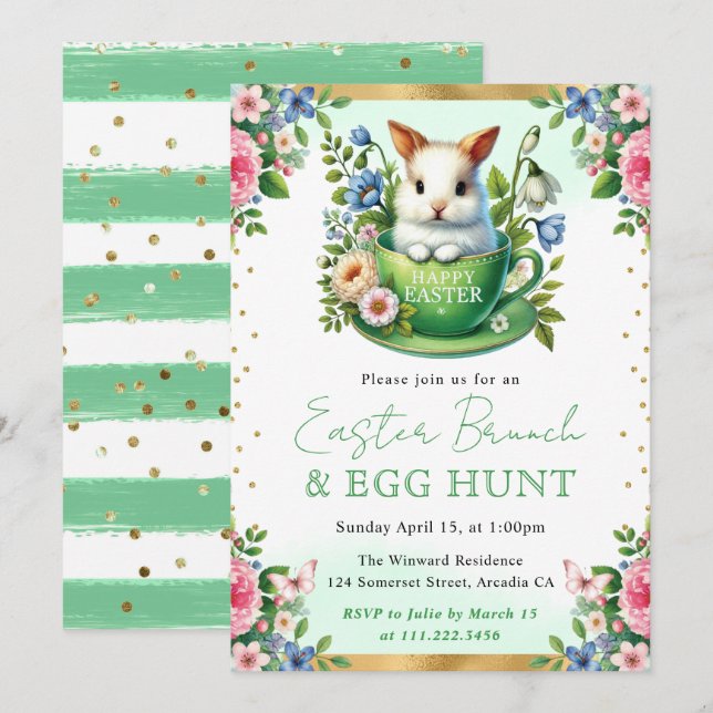 Invitation Aquarelle Fleurs de printemps de lapin Brunch de P (Devant / Derrière)