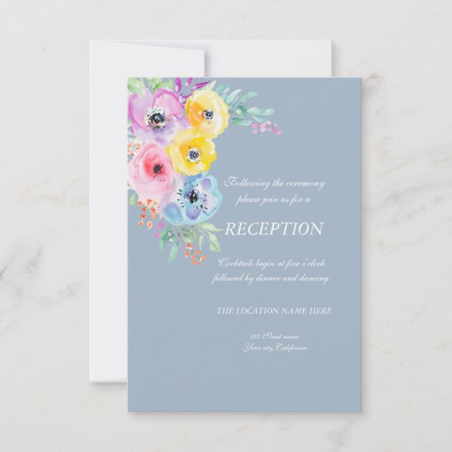 Invitation Aquarelle Fleurs de printemps Dusty Blue Invitatio (Devant)