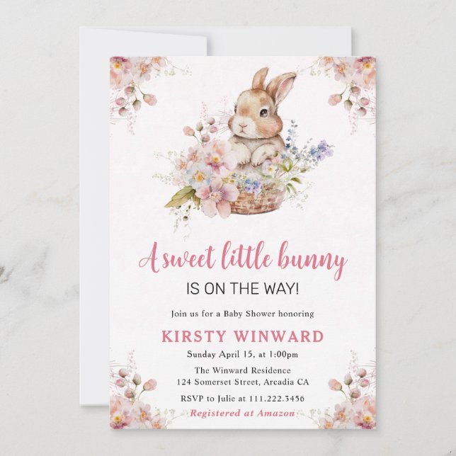 Invitation Aquarelle Fleurs de ressort Baby shower de lapin (Devant)