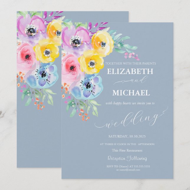 Invitation Aquarelle Fleurs de ressort Mariage bleu foncé (Devant / Derrière)