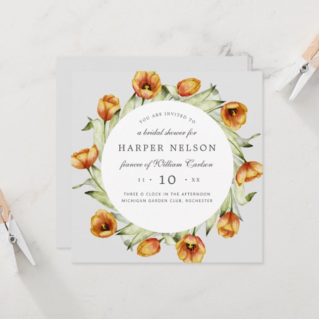 Invitation Aquarelle fleurs de ressort tulipes douche nuptial (Devant/Arrière en situation)