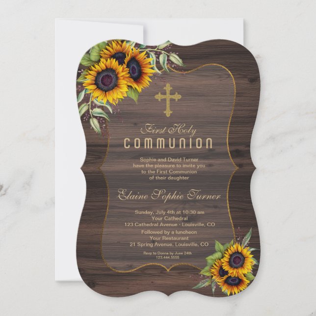 Invitation Aquarelle Fleurs de soleil Bois Sainte Communion (Devant)