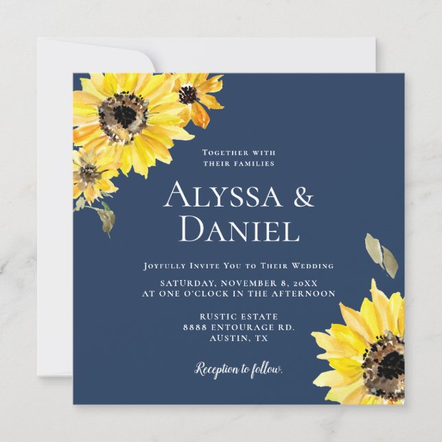 Invitation Aquarelle Fleurs de soleil floral Bleu Russe maria (Devant)