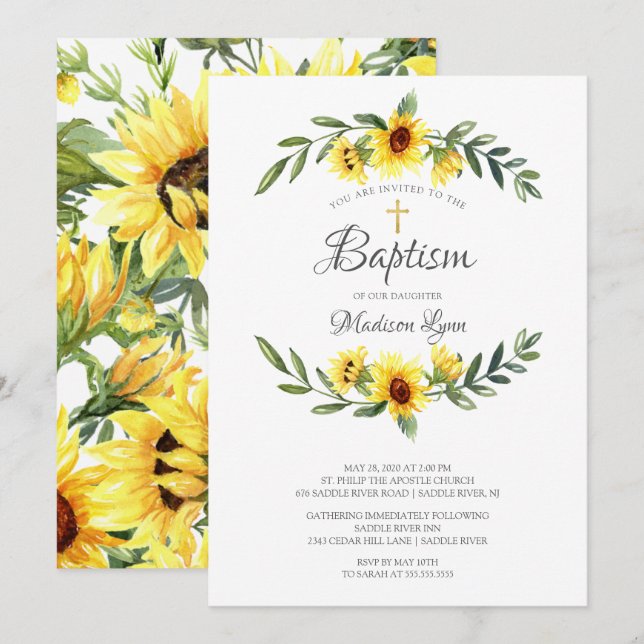 Invitation Aquarelle Fleurs de soleil jaunes Baptême (Devant / Derrière)