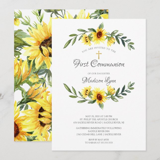 Invitation Aquarelle Fleurs de soleil jaunes Première communi (Devant / Derrière)
