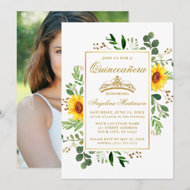 Invitation Aquarelle Fleurs de soleil Verdure Quinceanera Pho (Devant / Derrière)