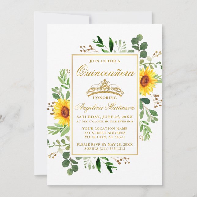 Invitation Aquarelle Fleurs de soleil Vert Quinceanera Or (Devant)