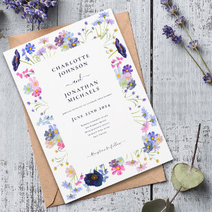 Invitation Aquarelle Fleurs des Champs Modernes Bleu Nuit Ros