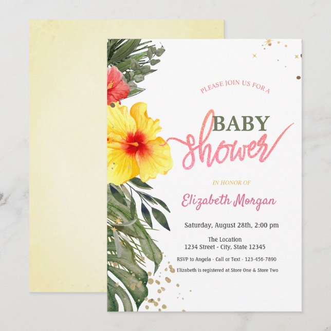 Invitation Aquarelle Fleurs d'été Baby shower Hibiscus (Devant / Derrière)