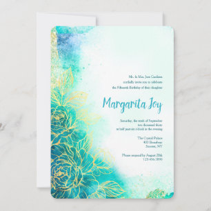 Invitation aquarelle fleurs dorées sarcelle
