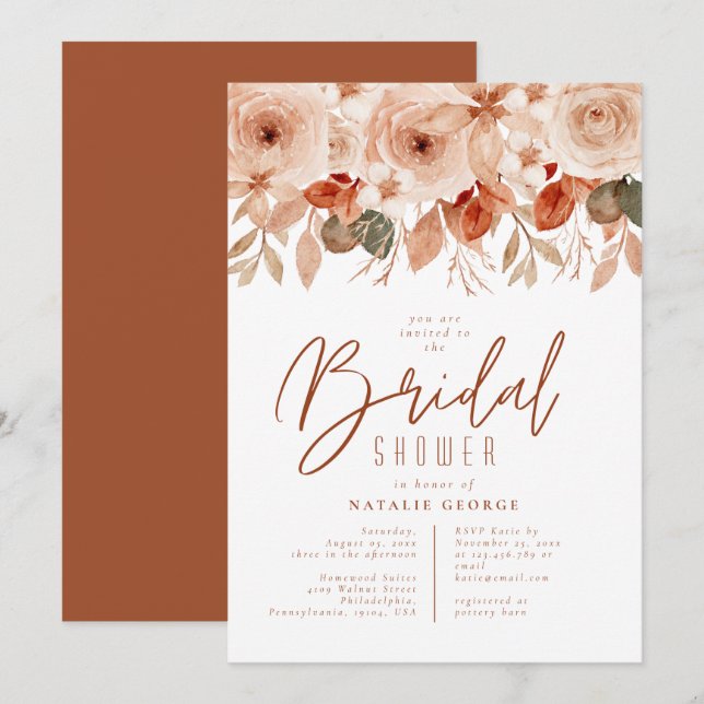 Invitation Aquarelle Fleurs en terre cuite Fête des mariées a (Devant / Derrière)