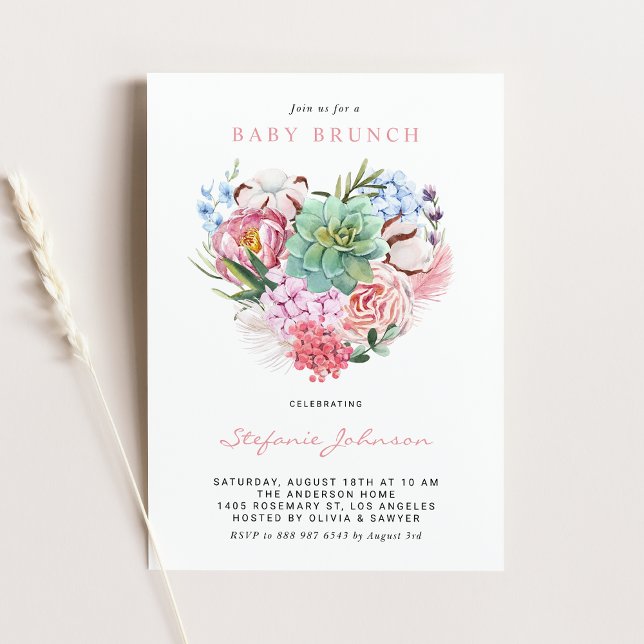 Invitation Aquarelle Fleurs et Coeur Succulent Brunch bébé (Créateur téléchargé)