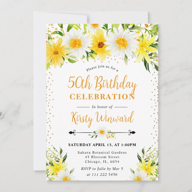 Invitation Aquarelle Fleurs et marguerites jaunes 50e anniver (Devant)
