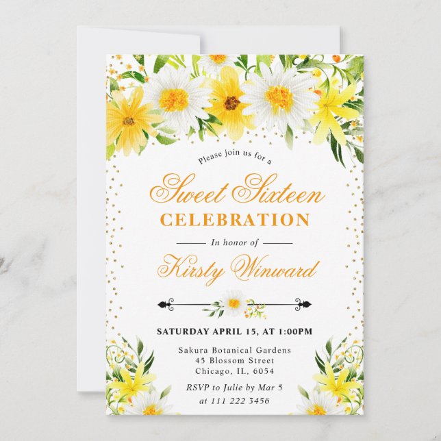 Invitation Aquarelle Fleurs et marguerites Jaunes Photo Sweet (Devant)