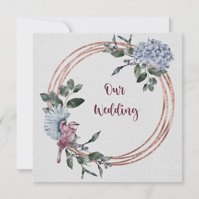 Invitation Aquarelle Fleurs et oiseaux roses et bordeaux (Devant)