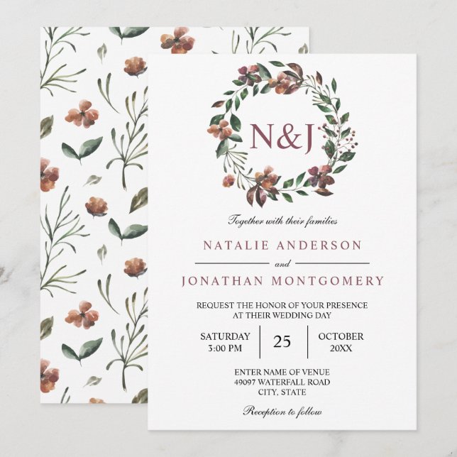 Invitation aquarelle fleurs florales fleurs élégantes (Devant / Derrière)