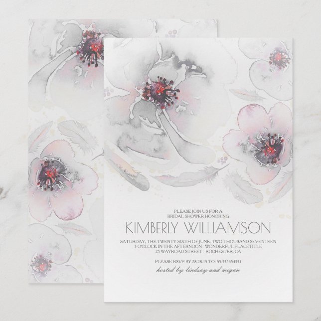 Invitation Aquarelle Fleurs Gris Rose Fête des mariées Boho (Devant / Derrière)