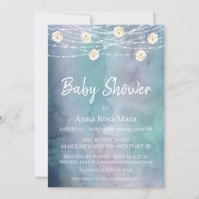 Invitation *~* Aquarelle Fleurs Lumières Baby shower Rose (Devant)