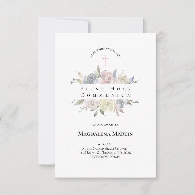 Invitation aquarelle fleurs pâles Première communion (Devant)