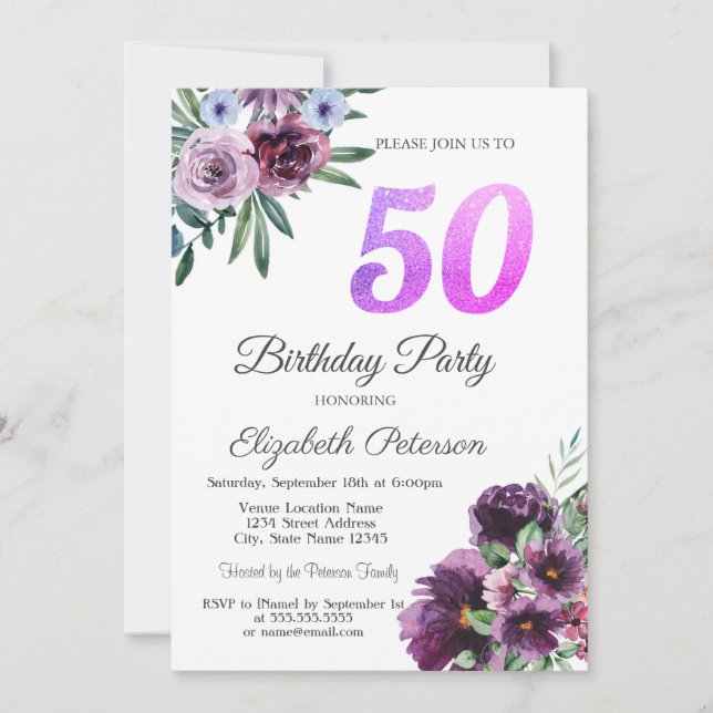 Invitation Aquarelle Fleurs pourpres 50e fête d'anniversaire (Devant)