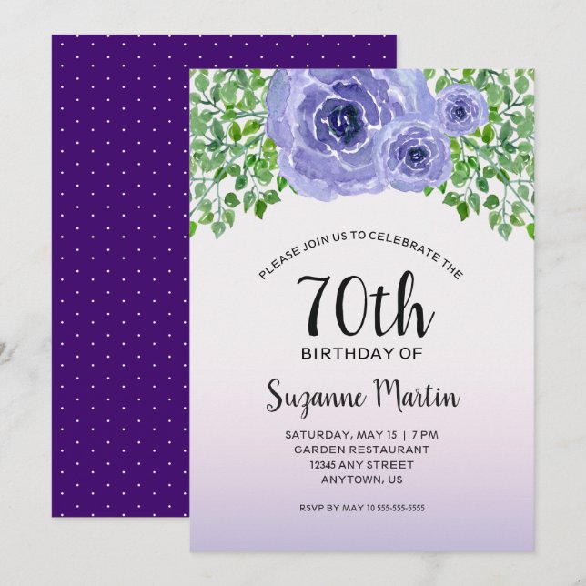Invitation Aquarelle Fleurs pourpres | 70e fête d'anniversair (Devant / Derrière)