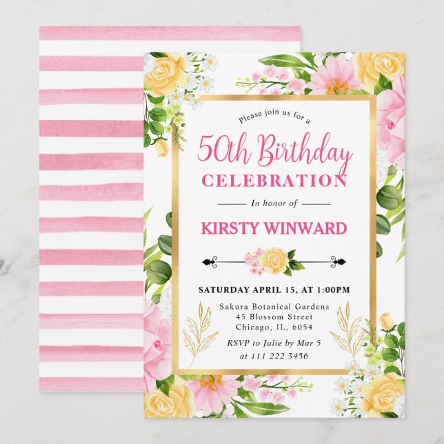 Invitation Aquarelle Fleurs rose et jaune 50e anniversaire (Devant / Derrière)
