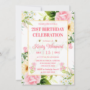Invitation Aquarelle Fleurs rose et jaune Anniversaire