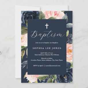 Invitation Aquarelle Fleurs Rose Pêche Baptême Navy