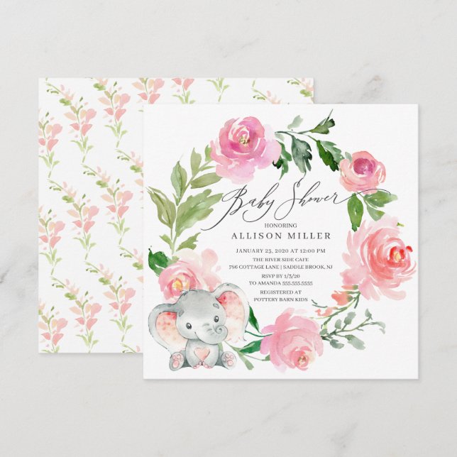 Invitation Aquarelle Fleurs roses Baby shower éléphant (Devant / Derrière)