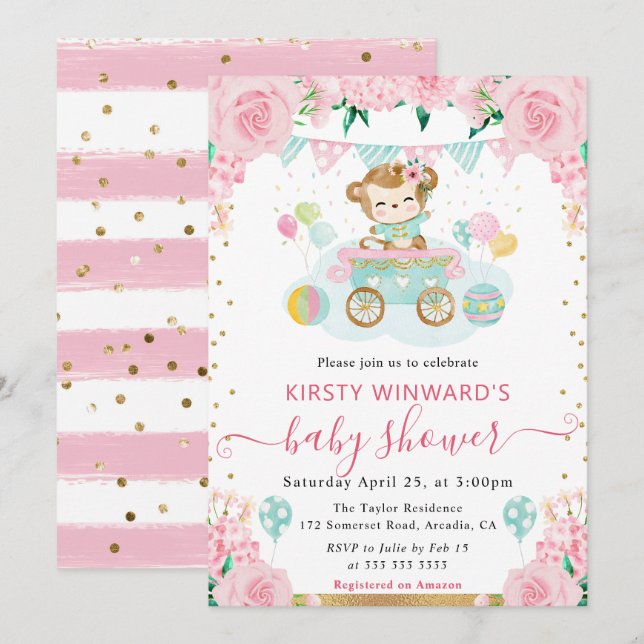 Invitation Aquarelle Fleurs roses Baby shower singe (Devant / Derrière)