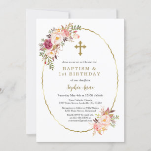 Invitation Aquarelle Fleurs roses Croix d'or Fille Baptême