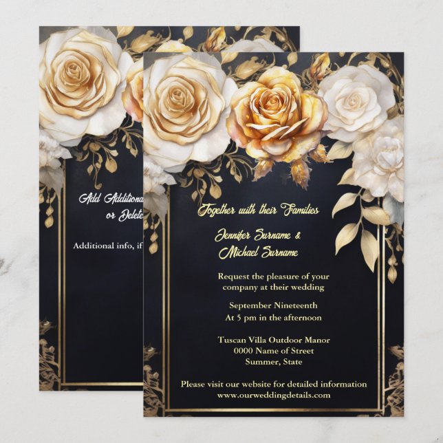 Invitation Aquarelle fleurs roses noir or élégant mariage (Devant / Derrière)
