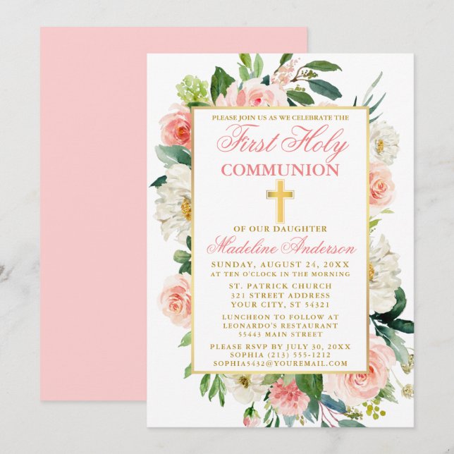 Invitation Aquarelle Fleurs Roses Pink Gold Première communio (Devant / Derrière)