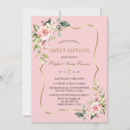 Invitation Aquarelle Fleurs roses Sweet sixteen cadre or