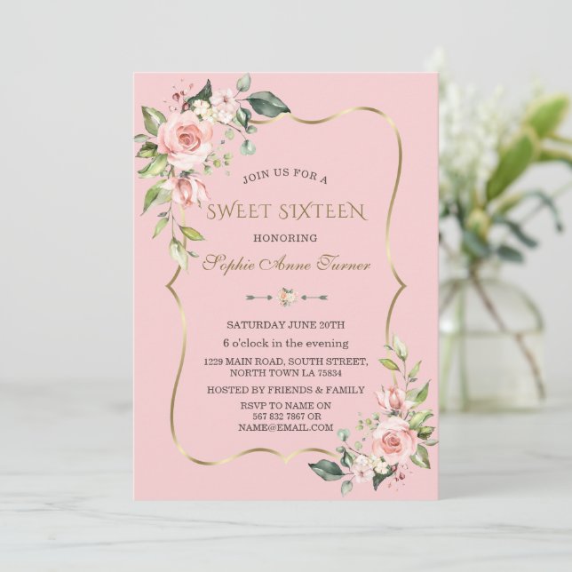Invitation Aquarelle Fleurs roses Sweet sixteen cadre or (Debout devant)
