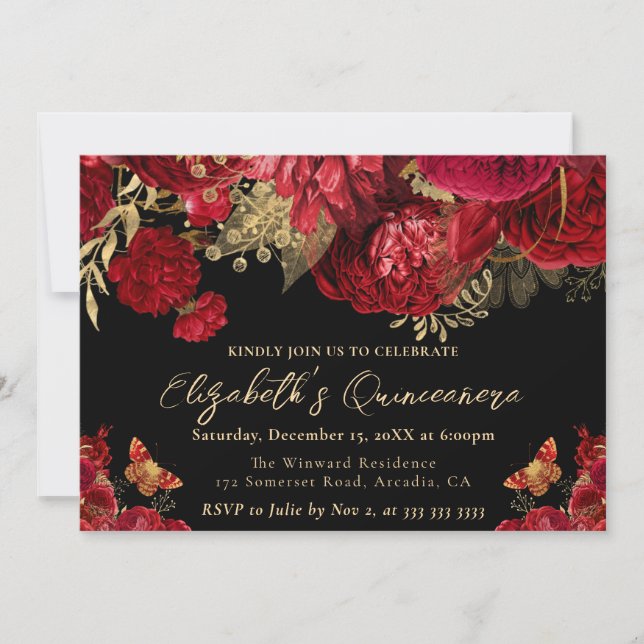 Invitation Aquarelle Fleurs rouges et or Quinceanera (Devant)
