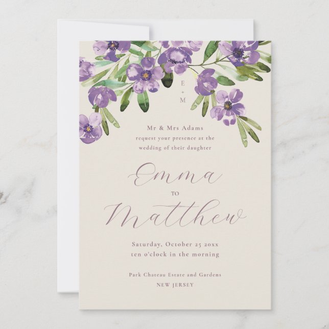 Invitation Aquarelle Fleurs rustiques Mariage violet (Devant)