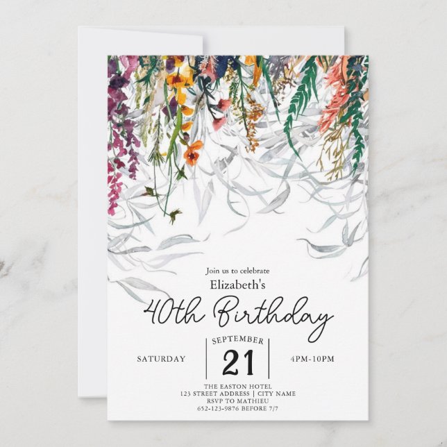 Invitation Aquarelle Fleurs sauvages d'été 40e anniversaire (Devant)