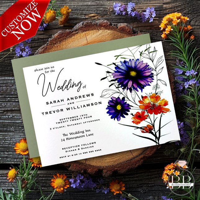 Invitation Aquarelle Fleurs sauvages orange vibrant et violet (Easy to customize )