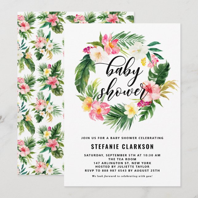 Invitation Aquarelle Fleurs tropicales Baby shower de couronn (Devant / Derrière)