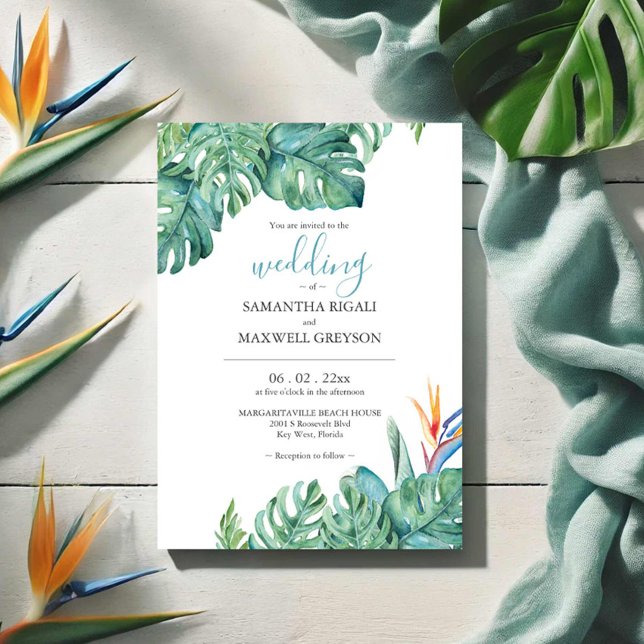 Invitation Aquarelle Fleurs Tropicales et Feuillage Mariage (Tropical destination wedding invitations watercolor floral and palm leaf art by Victoria Grigaliunas)