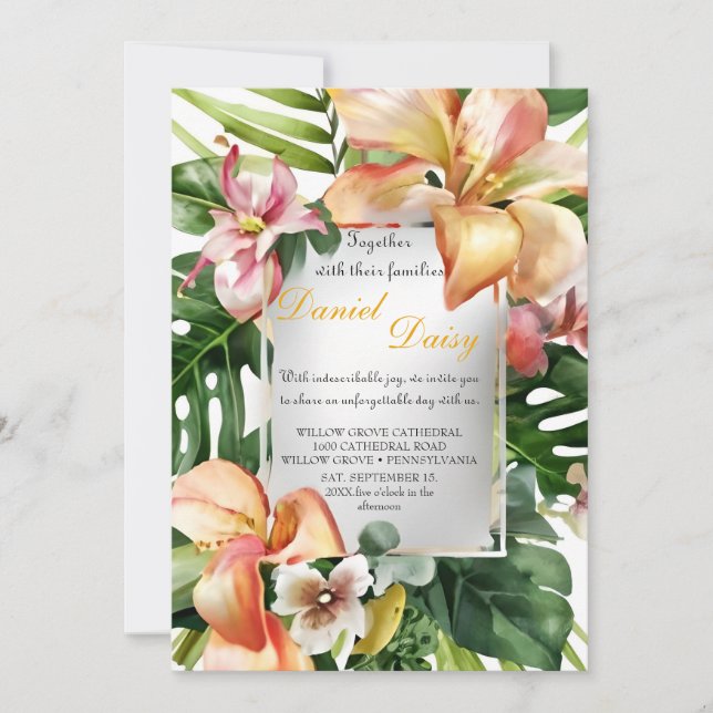 Invitation Aquarelle Fleurs tropicales et Mariage vert I (Devant)