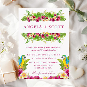 Invitation Aquarelle Fleurs Tropicales et Perroquets Mariage