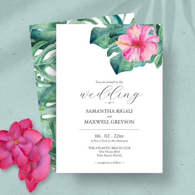 Invitation Aquarelle Fleurs tropicales Mariage de verdure (Tropical watercolor flowers and palm leaves wedding invitations art by Victoria Grigaliunas)