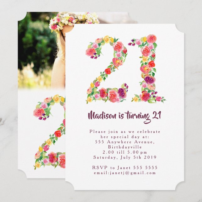 Invitation Aquarelle Floral Anniversaire 21 ans Photo en form (Devant / Derrière)